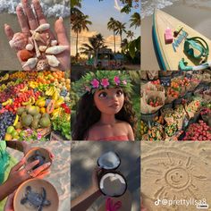 a collage of pictures with food and people on the beach in different places around them