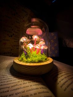 a glass jar filled with candles sitting on top of a book