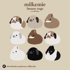 an animal poster with different types of dogs on it's face and the words milk me bunny rugs