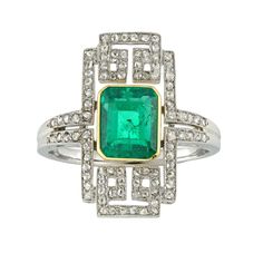 Art Deco Emerald and Diamond Plaque Ring For Sale at 1stDibs Art Deco Green Diamond Ring Hallmarked, Art Deco Diamond Emerald Ring Octagon Shape, Art Deco Emerald Diamond Ring With Accents, Art Deco Green Emerald Cut Diamond Ring, Green Emerald-cut Art Deco Diamond Ring, Art Deco Emerald Ring With Diamond Accents, Art Deco Green Emerald Ring With Diamond Accents, Art Deco Green Ring Gia Certified, Art Deco Diamond Ring For May Birthstone