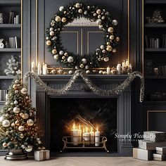 a decorated christmas tree sitting in front of a fire place with lit candles on it