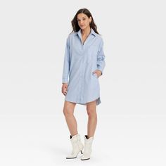 Women's Long Sleeve Mini Shirtdress - Universal Thread™ Blue Striped XL Casual Shirt Dress With Relaxed Fit For Fall, Casual Relaxed Fit Shirt Dress For Work, Summer Cotton Shirt Dress With Long Sleeves, Long Sleeve Cotton Shirt Dress For Summer, Cotton Long Sleeve Shirt Dress For Summer, Trendy Relaxed Fit Shirt Dress For Daywear, Blue Collared Relaxed Fit Shirt Dress, Blue Collared Shirt Dress With Relaxed Fit, Blue Relaxed Fit Collared Shirt Dress