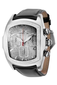 This impressive Invicta Lupah watch features a Quartz movement as well as 0.7392 carats of real diamonds, all in a solid steel case. Its silver metal, meteorite dial is enclosed by a highly protective Mineral Crystal. This watch is finished by a strong black leather band, and it offers 100m water resistance.Invicta's Lupah continues to brazenly hit the streets defying the myth of urban trends. Always offering the original signature stylings for which the patented Lupah is known, Invicta has also Diamond Watches For Men, Urban Trends, Best Watches For Men, Invicta Watches, Men's Watches, Inception, Minerals Crystals, Real Diamonds, Leather Band