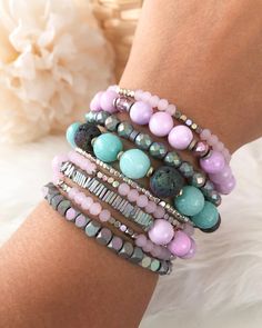 Cherish Bracelet Stack | Kinsley Armelle® Official Purple Jewelry Set, Stretch Beaded Bracelets Diy, Purple Beaded Bracelets, Gold And Purple, Purple Jewelry, Free Bracelet, Beaded Bracelets Diy, Bracelet Stack, Diy Bracelets