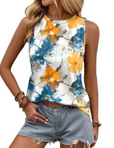 a woman wearing shorts and a top with flowers on it