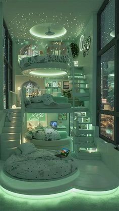 a room with bunk beds and lights on the ceiling is lit up at night time