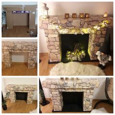 four different pictures of a fireplace with lights on it and the fire place is made out of stone