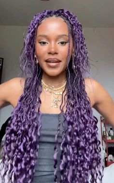 Green Braids Black Women, Purple Braids Black Women, Dark Purple Box Braids, Purple Goddess Braids, Purple Braids For Black Women, Purple Hair Braids, Box Braids Purple, Purple Natural Hair, Purple Box Braids