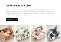 flowers are shown in different colors and sizes on the page, with text that reads diy flowers by color