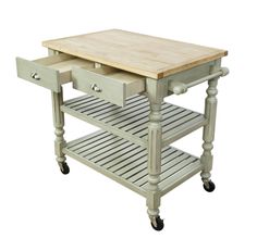 a kitchen island with two drawers on wheels