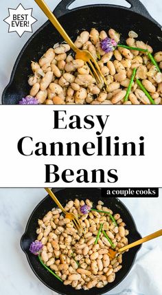 two pans filled with beans and vegetables on top of a white counter next to the words easy cannellini beans