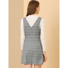 Keep it fashionable, business-appropriate, and tailored. This buttoned front dress has a classic design, starting with plaid prints and a deep v-neck. The deep v-neck design is the fact it looks more feminine and appealing to ladies. Pair it with any basic tops and boots for a simply charming look. This sleeveless pinafore skirt is made from a lightweight fabric and cut in a slightly a-line silhouette for comfortable wear. Suspenders Dress, Suspenders Skirt, Pinafore Skirt, Plain Sweaters, Suspender Skirt, Suspender Dress, Pinafore Dress, Overalls Women, Gingham Check