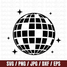 Disco Ball Silhouette, Black And White Disco Ball Drawing, Disco Ball Svg Free, Disco Ball Svg, Disco Logo, Star Svg, Black And White Drawing, Simple Prints