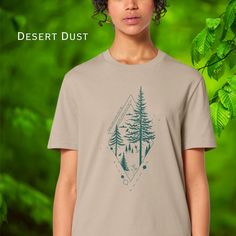 Forest Geometric Design Unisex Organic Cotton T-shirt, with the text: Trees are poems that the earth writes upon the sky', by Kahil Gibran.  This shirt captures the magic of nature in a minimalist design, monochromatic shirt. Ideal gift for for those nature loving eco conscious souls. This 100% organic cotton darling stays true to the tagline of the fabric of our lives. An eco-friendly take on the timeless tee, you'll love the cosy fit and feel. It's a win-win for everyone. * 100% organic ring-s Eco-friendly Graphic Cotton T-shirt, Eco-friendly Graphic Tee In Cotton, Cotton Graphic Design T-shirt For Outdoor, Outdoor Cotton T-shirt With Graphic Design, Eco-friendly Cotton Graphic T-shirt, Eco-friendly Graphic Tee With Crew Neck, Eco-friendly Short Sleeve Cotton T-shirt, Eco-friendly Organic Cotton Tops With Screen Print, Eco-friendly Short Sleeve T-shirt With Letter Print