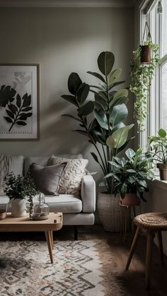 a living room filled with lots of plants next to a couch and coffee table in front of a window