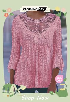 Elegant Lace Splicing 3/4 Sleeve Slim Fit Female Shirt Pink Long Sleeve Tops With Lace Patchwork, Pink Long Sleeve Top With Lace Patchwork, Spring Lace Patchwork Crew Neck Blouse, Spring Crew Neck Blouse With Lace Patchwork, Spring Blouse With Lace Patchwork And Crew Neck, Pink Half Sleeve Blouse For Fall, Pink 3/4 Sleeve Tops For Spring, Spring Pink Lace Patchwork Top, Pink Half-sleeve Tops For Spring