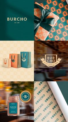 the branding for burcho is shown in three different colors and sizes, including teal