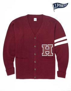 HARVARD VARSITY CARDIGAN - BURGUNDY Cotton V-neck Sweater For College, Winter Cotton Sweater For Campus, Cotton Sweater For Campus In Fall, Collegiate Cotton Sweater For Campus, Red Cotton Crew Neck Cardigan, Red Crew Neck Cotton Cardigan, Collegiate Long Sleeve Cotton Outerwear, Winter College Cardigan, Cotton Outerwear For Fall Campus Wear