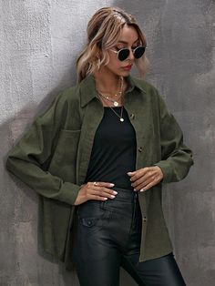 Army Shirt Outfit, Army Green Outfit, Green Shirt Outfits, Green Jacket Outfit, Drop Shoulder Blouse, Drop Shoulder Shirt, Army Shirts, Casual Vest, Long Sleeves Jacket