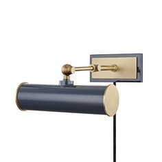 an image of a wall light with a metal arm and round shade on the side