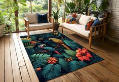 a living room filled with lots of furniture and plants on top of wooden flooring