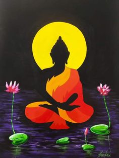 a painting of a buddha sitting on the water with lotuses in front of it