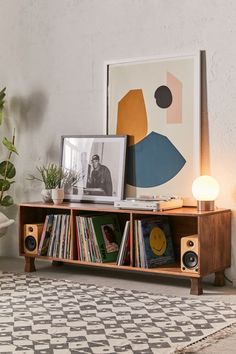 a book shelf with various books on it and a plant in the corner next to it