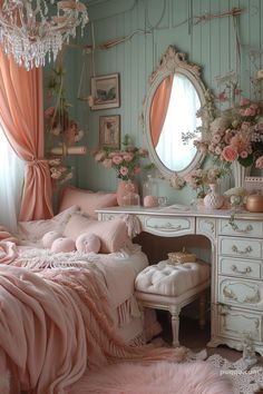 a bedroom decorated in pink and white