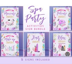 the spa party activities sign bundle includes 5 signs included