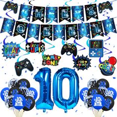 a blue 10th birthday party decoration kit including balloons, streamers and confetti