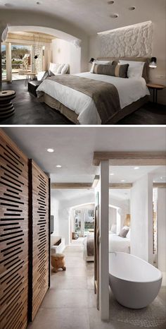 two photos side by side of a bedroom with a bathtub and bed in it