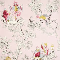 a pink wallpaper with birds, flowers and people sitting on the tree branches in front of them