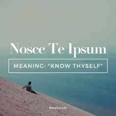 a person sitting on top of a beach next to the ocean with text reading nose te peum meaning know thyself