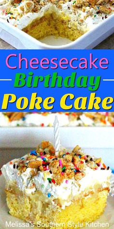 a piece of birthday poke cake on a plate