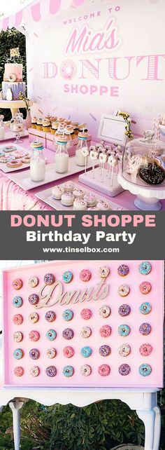 a pink donut shoppe birthday party with lots of doughnuts on display