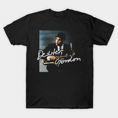 a black t - shirt with an image of a man holding a saxophone in his right hand