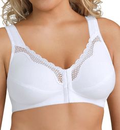 A completely new approach to support and comfort: the soft, wireless knit cotton cups provide great comfort and shape, and the specially designed back really makes a difference in your day. Wireless, unlined (unpadded) multi-part cup is knit cotton, with an angled seam for shape. Non-stretch, breathable sheer lace across cup tops helps contain full busts. Hook-and-eye closure at front has a soft backing and coated metal hardware. See our Size Chart for hook counts. Sewn-on elastic underband help Straighten Shoulders, Bras For Older Women, Front Closure Bras, Front Close Bra, Posture Bra, Posture Support, Cotton Bras, White Bras, Full Cup Bra