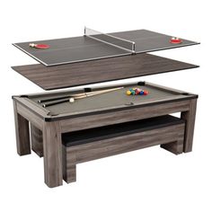 two tables with ping pong paddles and pool balls on them, one is grey