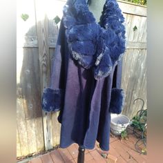 Beautiful Navy Blue Cape Jacket With Faux Fur Trim There Are No Tags, The Cape Coat Is New. Taken Out Of The Plastic For Photos Only. Style: Cape Jacket. Color: Navy Blue Size: One Size Measurements: 24" Across The Chest When Flat. 36" From Collar To Hem. Hook & Eye Closure Material: 100% Acrylic, Wrap Coat & Faux Fur. Care: Machine Wash, Delicate Cycle, Hang To Dry. Do Not Dry Clean Your Favorite Brooch Adds Class!! Great For Fall And Winter! Smoke Free Home. Bundle And Save! All Reasonable Off Blue Cape, Cape Jacket, Wrap Coat, Cape Coat, Navy Blue Color, Faux Fur Jacket, Hook Eye, Faux Fur Coat, Fur Trim