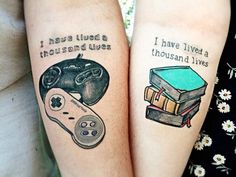 two people with tattoos on their arms holding books and video game remotes next to each other