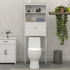 a white toilet sitting next to a shelf filled with towels and other bathroom items on top of a rug