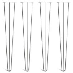 four tall metal poles are lined up against the white background, each with different sizes and shapes