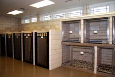 several cages are lined up in the middle of a room with tile walls and flooring