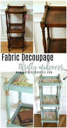 the before and after of an old table makeover with paint, furniture and fabric