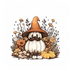 a mushroom with a mustache sitting in the grass surrounded by flowers and pumpkins on a white background