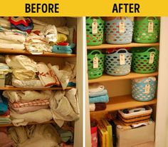 before and after pictures of a closet filled with clothes, linens and other items