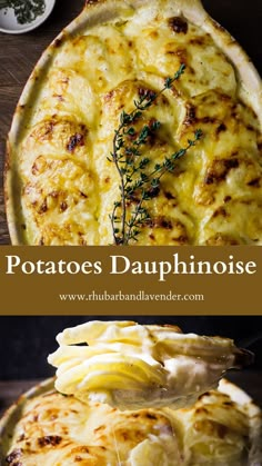 potatoes and cheese are stacked on top of each other, with the words potatoes dappini