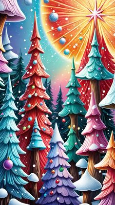 a painting of snow covered trees and the sun shining in the sky over them,