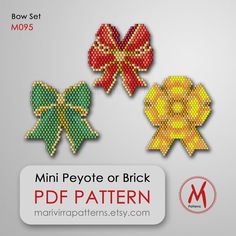 There are 3 PDF files with Bow Ribbon brick stitch and peyote bead pattern for earrings, brooch pin or pendant necklace. Designs created on a brick chart can be rotated to weave as peyote stitch. You can download it from Etsy right after the payment transaction. To create a pair of earrings you need to repeat the pattern twice. File includes: 1. A bead legend includes the color numbers and count of the Miyuki delica 11/0 beads size for the suggested length 2. The pattern design 3. A large, detai Xmas Beads, Christmas Wall Hangings, Brick Stitch Pattern, Loom Pattern, Bead Weaving Patterns, Loom Bands, Bow Ribbon, Bead Loom Patterns, Miyuki Beads