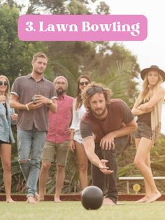 a group of people standing around a black ball on the grass with text overlay that reads, 3 lawn bowling